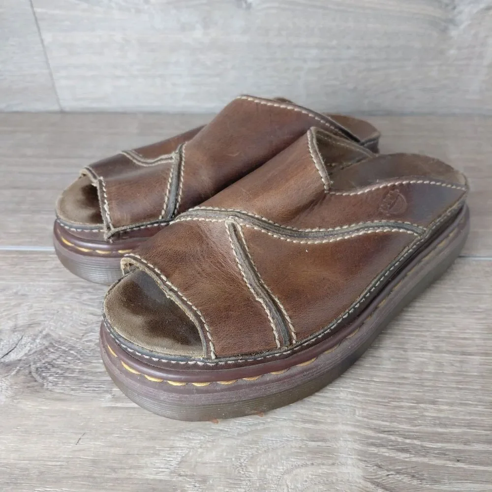 VTG Dr Marten Sandals Women 6 Brown Leather Chunky Slides Made England Fisherman